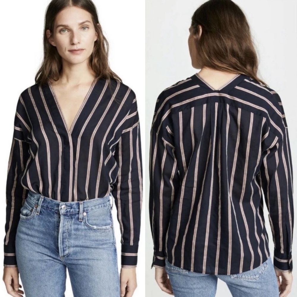 Vince Textured Striped Long-sleeve Button Up Linen Silk Blend Blouse size Small